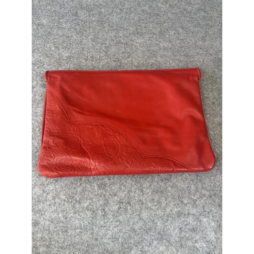Barganza Floral Embossed Clutch Medium Red Leather‎ Rose Detail Handbag